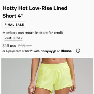 Lululemon Hotty Hot Low Rise 4” Short